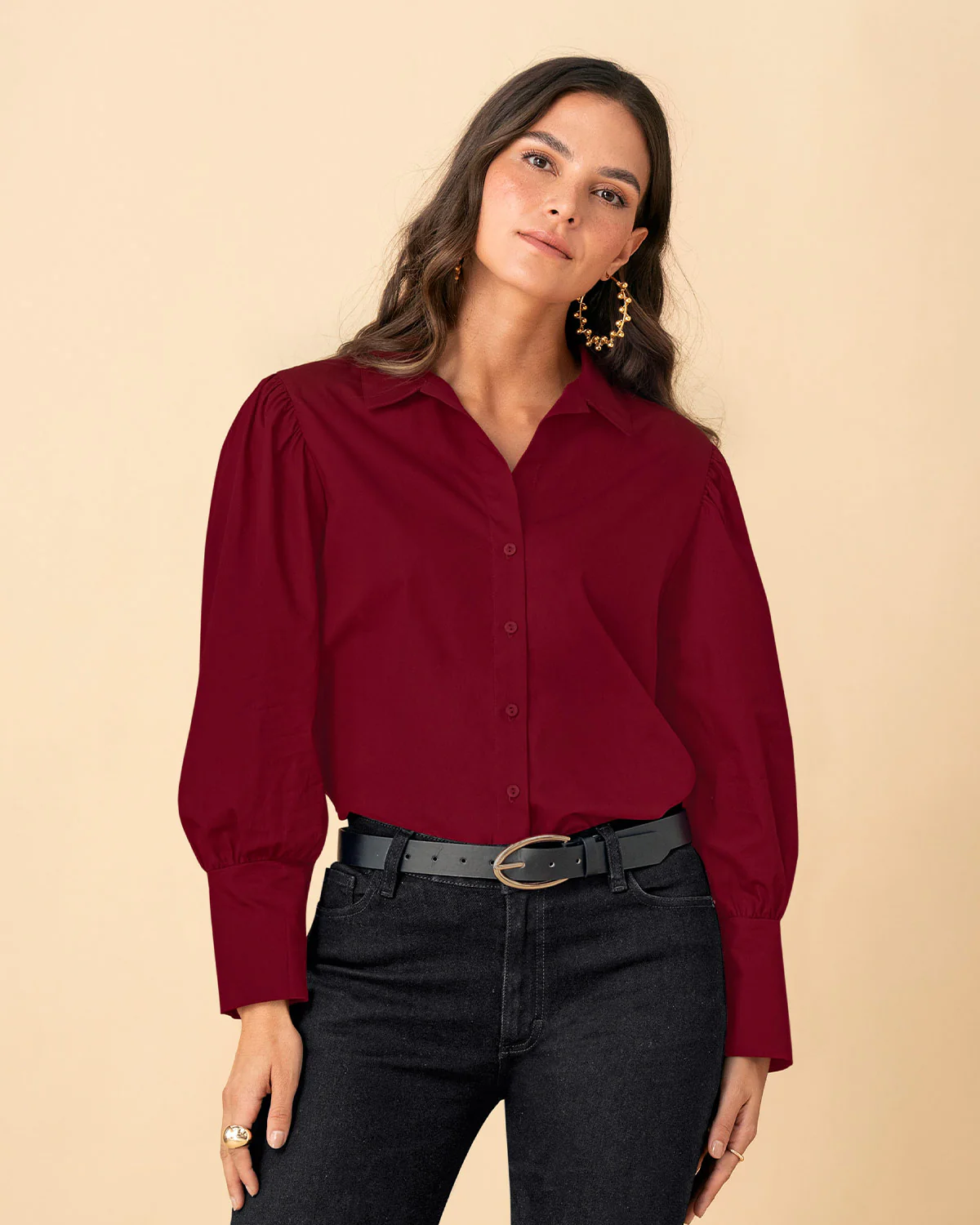 Blusa manga 3/4 con botones funcionales y recogido en hombros - Image 9